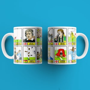 May include: Two white mugs featuring cartoon illustrations of famous footballers. The mugs depict players such as Kevin Keegan, Robbie Fowler, and David Brent. These mugs are a fun and unique way to show your love for the sport.