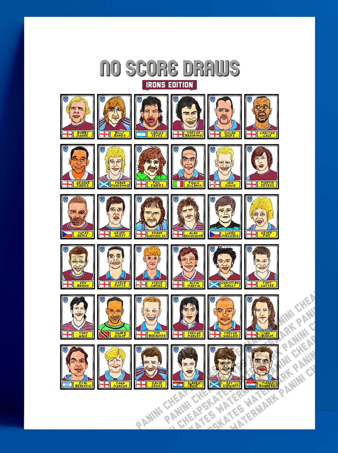 West Ham No Score Draws Irons Edition A3 Print of 36 Handdrawn Panini