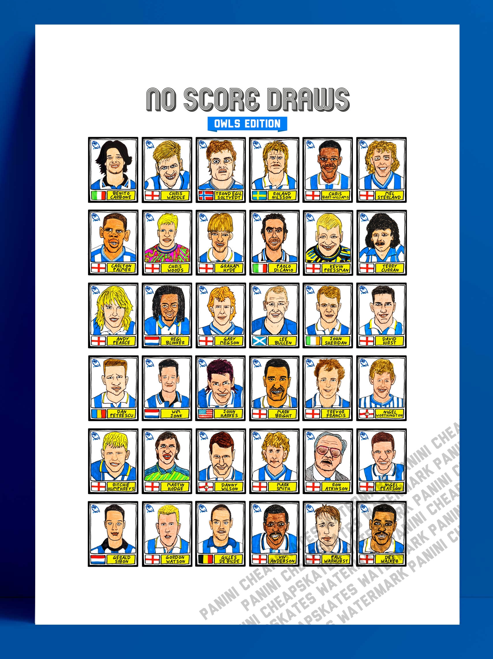 Sheffield Wednesday - No Score Draws Owls Edition - A3 print of 36 hand-drawn Panini-style football 