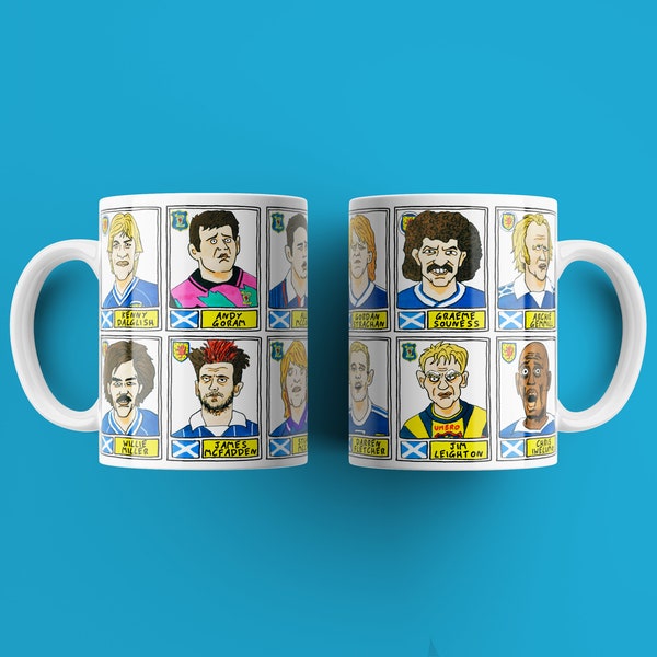 Scotland No Score Draws Mug Set - Set of TWO 11oz Ceramic Mugs with Wonky Panini-style No Score Draws Doodles of 24 Scottish Fitba icons