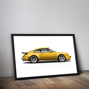 May include: A yellow Porsche 911 Turbo with black accents and a black interior. The car is shown in profile view against a white background.