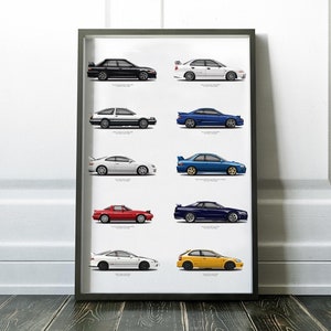 May include: Framed print featuring illustrations of various classic cars in black, white, red, blue, and yellow. The cars are depicted in a minimalist style, with each car's model name printed below it. The frame is black.