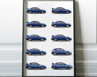 Impreza WRX STi Generation Print, Boxer Engine, EJ20, JDM Poster, Art, Car Art, Cars