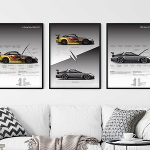 May include: Three black framed posters with illustrations of a silver and black Mazda RX-7 sports car. Each poster features a different angle of the car and includes technical specifications and details about the car's modifications. The posters are titled "J's Racing Mazda RX-7 (FD3S) LAP5" and "FEED Mazda RX-7 (FD3S)".