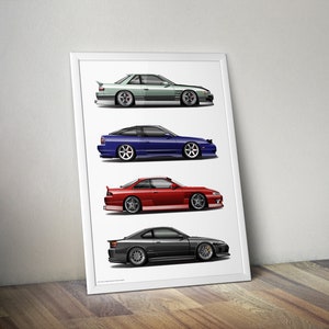 Silvia S13, 180SX, S14 Zenki, S14 Kouki and S15 Drift Cars Print, JDM Poster, Vertex BN Sports, Car Art, Cars, Street Drifters