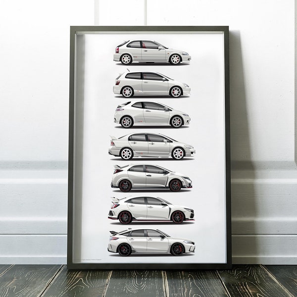Civic Type R Generation Print, Type R EK9, EP3, FN2R, FD2R, FK2R, FK8R, FL5 Spoon Sports, Mugen, Vtec JDM Poster, Kunst, Autokunst, Autos
