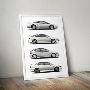 Könnte beinhalten: Ein weißer Honda NSX, ein weißer Honda Integra Type R, ein weißer Honda Civic Si und ein weißer Honda Accord Euro R sind in einer Reihe aufgereiht. Die Autos sind alle weiß und haben rote Akzente.
