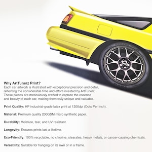 May include: A yellow car with black accents and a black and silver wheel. The car is partially visible and the image includes text about the print quality, material, durability, longevity, eco-friendliness, and versatility of the print.