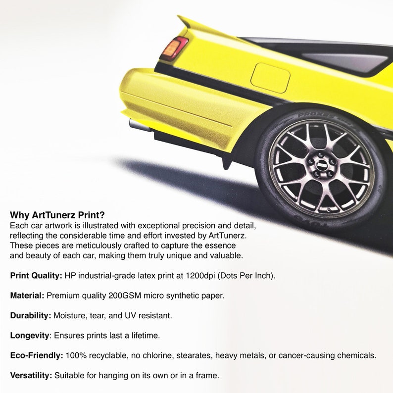 May include: A yellow car with black accents and a black and silver wheel. The car is partially visible and the image includes text about the print quality, material, durability, longevity, eco-friendliness, and versatility of the print.