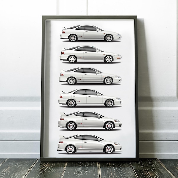 Integra Type R Generation Print, Type R DC2, DC5, Spoon Sports, Mugen, Vtec JDM Poster, Art, Car Art, Cars