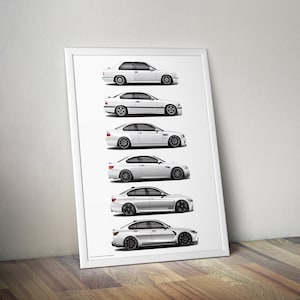 Puede incluir: Un póster enmarcado blanco con una alineación vertical de seis coches BMW M3 blancos, cada uno de un modelo diferente, del más antiguo al más nuevo.
