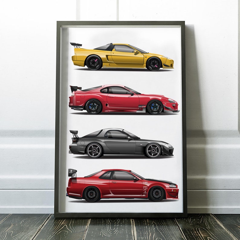 JDM Heavenly 4 Advanced Flatout NSx, Ridox Supra, Fujita Engineering RX7, MCR R34 GT-R Poster, Art image 1