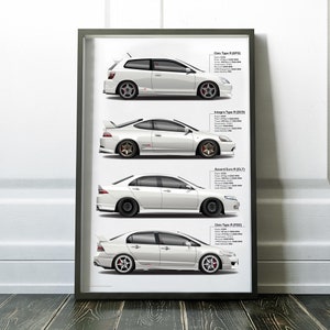 May include: A white framed poster with illustrations of four white Honda cars, each with the text "Civic Type R [EP3]", "Integre Type R [DC5]", "Accord Euro R [CL7]", and "Civic Type R [FD2]" below the cars.