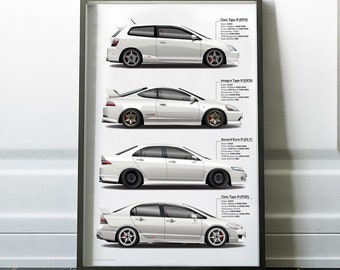 K20A Engine Cars - Civic Type R EP3, Integra Type R DC5, Accord Euro R CL7, Civic Type R FD2 VTEC JDM Poster, Art, Car Art, Cars