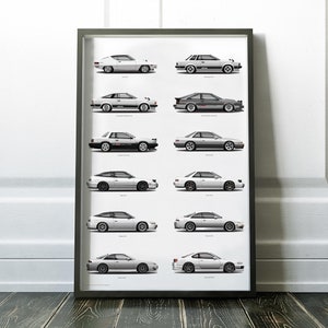Puede incluir: Un póster enmarcado que presenta una línea de tiempo de coches Nissan Skyline GT-R blancos, comenzando con el modelo de 1969 y terminando con el modelo de 2017. Cada coche está representado en un estilo minimalista con detalles en negro y un fondo blanco.