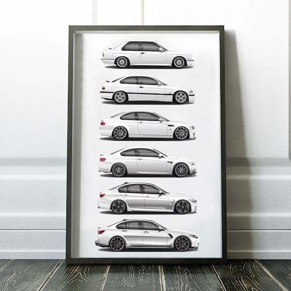 M3 Generation Print, E30, E36, E46, E92, F80, G80 M German Sportscar Poster, Art, Car Art, Cars