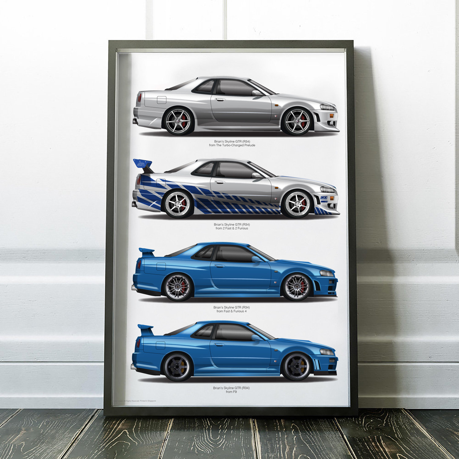 Nissan Skyline GT-R R34 1998-2002 Fast Furious Inspired Car Poster Print  Art Brian O'Connor Paul Walke Silver Blue Stripes BX5 Unframed -  Italia