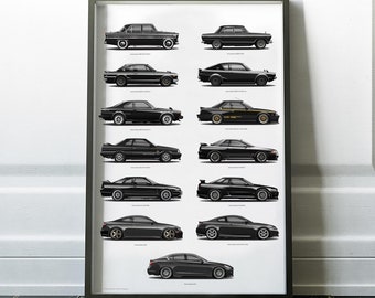 Skyline Generation Print, Prince Skyline ALSI, S50, C10, KPGC10 Hakosuka, KPGC110, R30, R31, R32, R33, R34, V35, V36, V37 Nismo JDM Poster