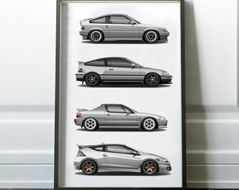 CR-X, Civic Del Sol, CR-Z Generation Print SiR VTEC Poster, Art, Car Art, Cars