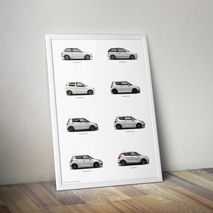 May include: A white poster with a timeline of the Suzuki Swift car model. The poster shows eight different versions of the car, starting with the first generation in 1983 and ending with the latest generation in 2017.