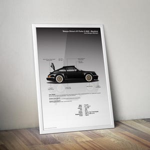 May include: A black Porsche 911 Turbo S (930) from 1980, nicknamed "Blackbird", with a detailed illustration of the car and its specifications. The car has a black exterior, gold wheels, and a rear spoiler. The text "Tatsuya Shima's 911 Turbo S (930) - Blackbird" is at the top of the image.