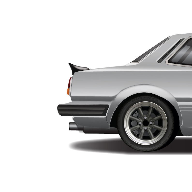 May include: A silver car with a black rear spoiler and black wheels. The car has a single exhaust pipe on the left side.