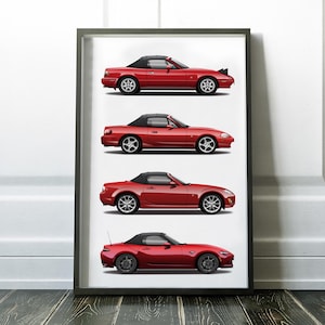 Könnte beinhalten: Ein gerahmter Druck, der vier Generationen des Mazda MX-5 Miata nebeneinander zeigt, alle in Rot mit schwarzen Cabriolets.