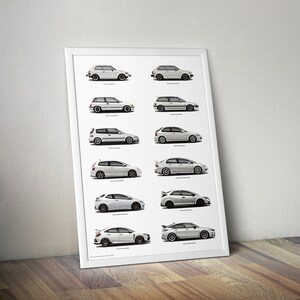 Op de afbeelding: Een witte poster met een tijdlijn van Honda Civic modellen, beginnend met de eerste generatie en eindigend met het nieuwste model. Elke auto wordt in zijaanzicht getoond, met het jaar en de modelnaam eronder.