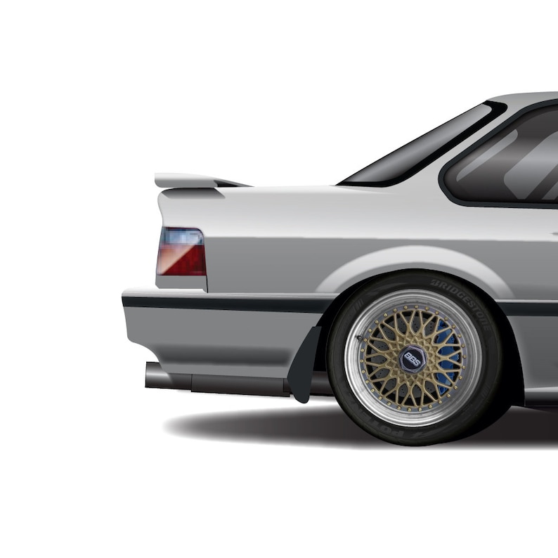 May include: A silver Honda Civic with a rear spoiler and a black rear bumper. The car has a black exhaust pipe and a gold and blue wheel with a Bridgestone tire.