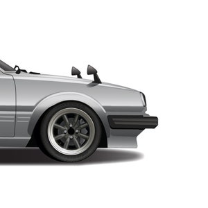 May include: A silver car with a black bumper and black wheels. The car has two small black antennas on the hood.
