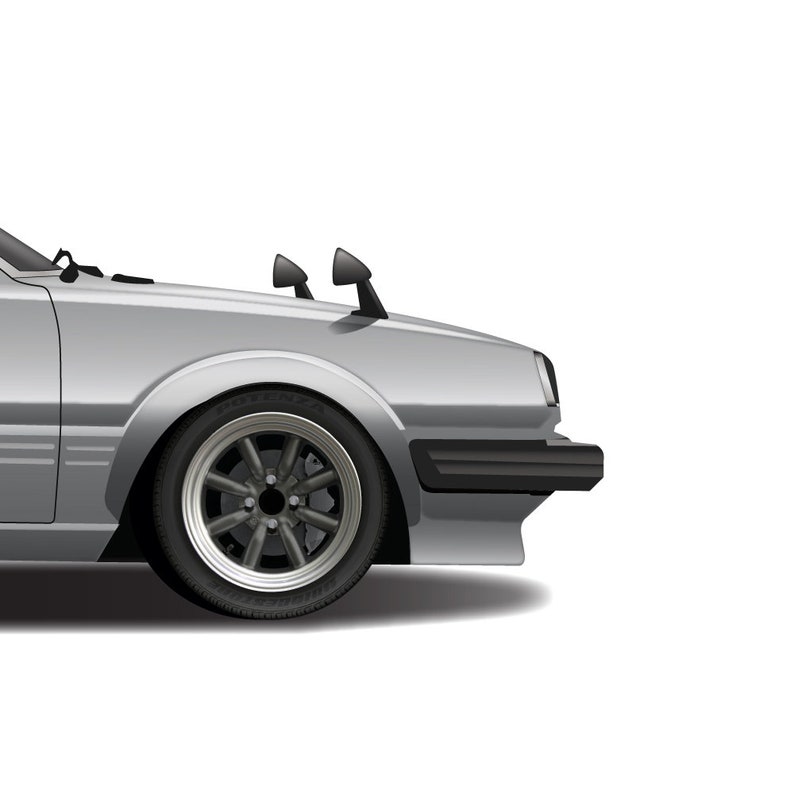 May include: A silver car with a black bumper and black wheels. The car has two small black antennas on the hood.