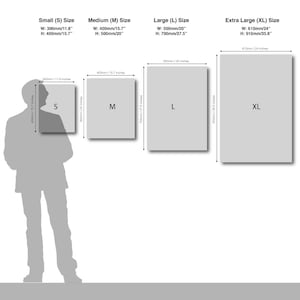 May include: A chart showing four different sizes of canvas prints, labeled Small, Medium, Large, and Extra Large. The sizes are listed in inches and millimeters. The chart is on a white background.