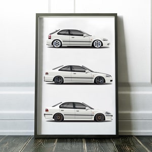 Civic EK Coupe, Hatchback, Sedan, EK4, EK9 Generation Design Print, Art, Car Art, Osaka Kanjozoku, No Good Racing, vtec
