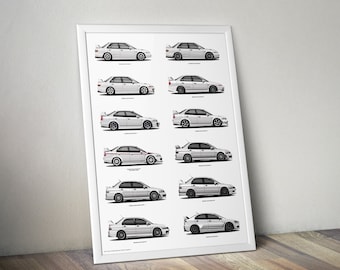 Lancer Evo Generation Print, Ralliart, 4G63, MIVEC, JDM Poster, Art, Car Art, Cars