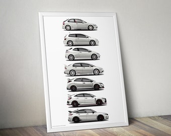 Civic Type R Generations Art Print: JDM Car Poster