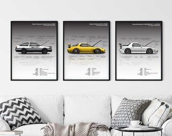 Initial D Fifth Stage / Final Stage 3 Pieces Set Print Infographic AE86, RX7 FD and FC Project D