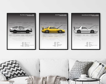 Iniziale D Quinta fase / Fase finale Set da 3 pezzi Stampa infografica AE86, RX7 FD e FC Progetto D