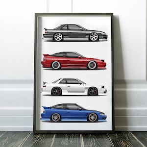 Op de afbeelding: Een ingelijst afdruk met vier illustraties van auto's in verschillende kleuren. De auto's zijn allemaal van hetzelfde model, maar elke auto heeft een andere kleur: zwart, rood, wit en blauw.