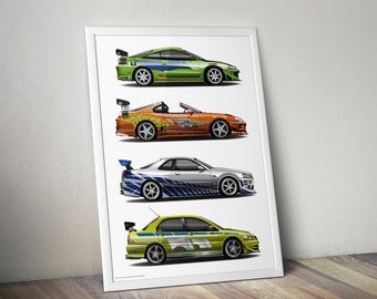Puede incluir: Un póster con cuatro coches icónicos de la franquicia Fast and Furious. Los coches son un Mitsubishi Eclipse verde, un Toyota Supra naranja, un Nissan Skyline GT-R plateado y un Toyota Corolla amarillo. Cada coche tiene una pintura y rayas de carreras únicas.