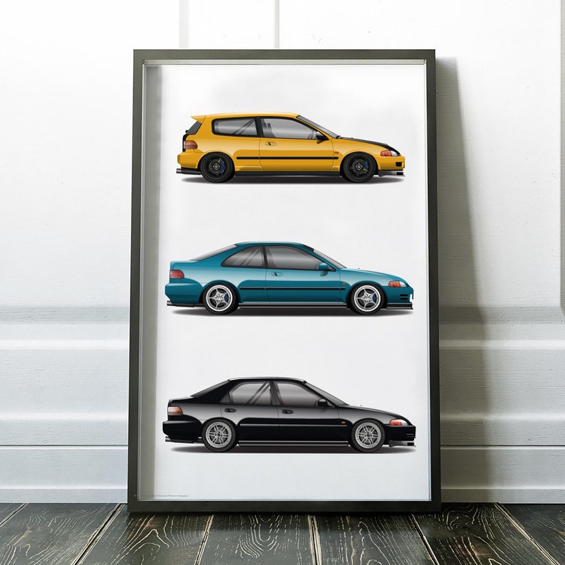Civic EG6 SiR, EJ Coupe, EG Sedan Generation Design Print, Art, Car Art, Osaka Kanjozoku, No Good Racing, Vtec image 1