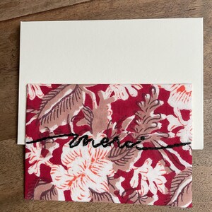 Carte artisanale en tissu brodée à la main - Merci - un message poétique sur un textile traditionnel indien - block print