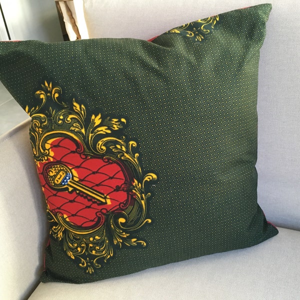 Housse de coussin Wax - Evasion Coton - tissu 100% coton - 45*45 cm - Imprimé Africain Clé Rouge Jaune Vert - Decoration