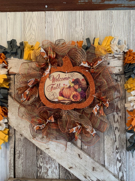 Handmade Welcome Fall Deco Mesh Fall Wreath