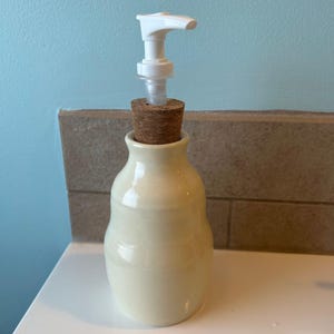 Glossy Beige Soap Dispenser- Handmade Ceramic Pottery Soap Dispenser- Cork and Plastic Pump