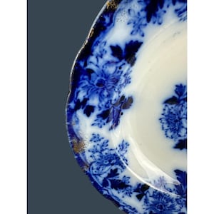 May include: Close-up of a white and blue floral patterned plate. The plate features a scalloped edge with gold trim. The blue floral design is a detailed pattern of flowers and leaves.