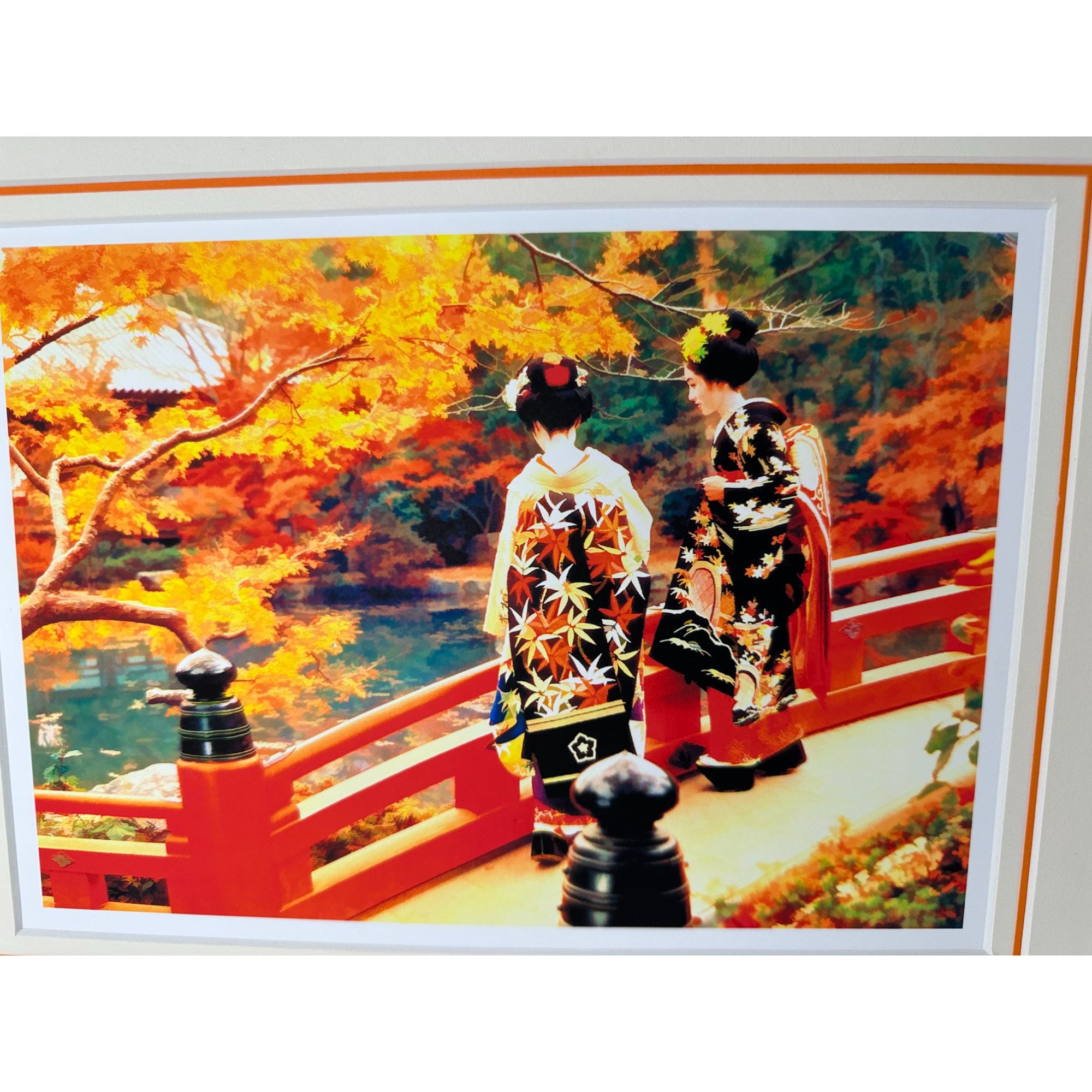 Double Matted Lew Achen Japanese Print San Diego Artist Red Orange