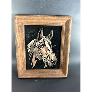 Vintage Horse Painting black velvet In Frame 1960&#39;s/1970&#39;s