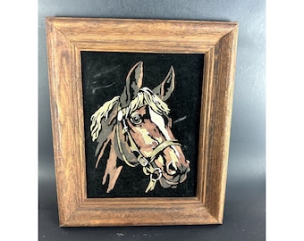 Vintage Horse Painting black velvet In Frame 1960's/1970's