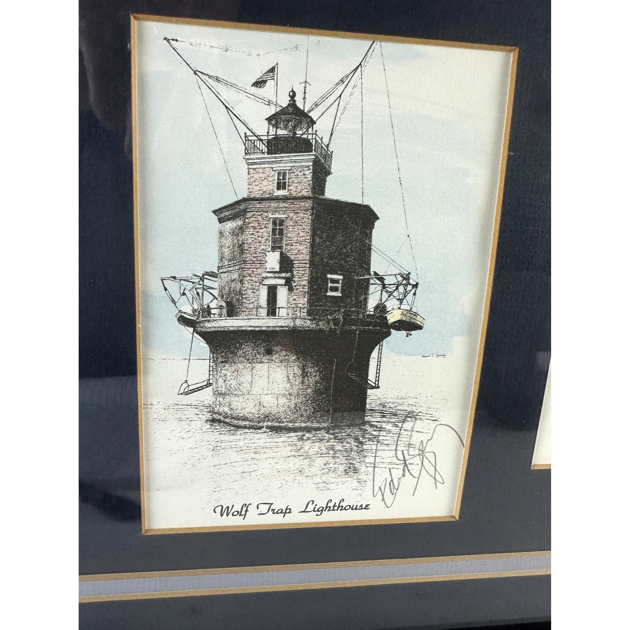 エドマンド・スピニー 灯台エッチング版画 手描き水彩 バージニア
