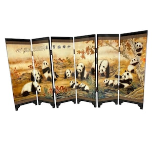 Miniature Chinese Table Top 6 Panel Folding Screen Decor Giant Pandas